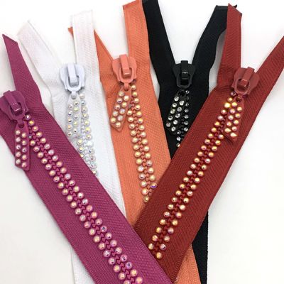 #5 #10 Auto-Lock Rhinestone Metal Zipper Open End Dalam Merah