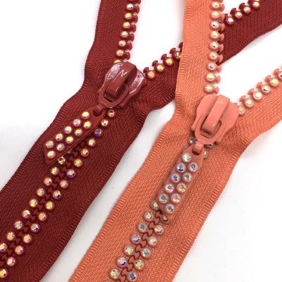 #5 #10 Auto-Lock Rhinestone Metal Zipper Open End Dalam Merah